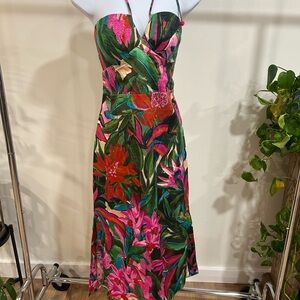 FARM Rio Strapless Dress with Bold Pink and Green Floral